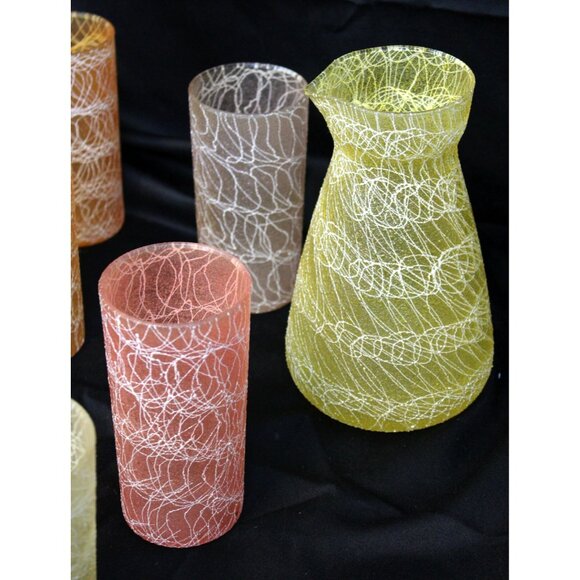 VTG 50s/60s Colorcraft Spaghetti String Carafe Pitcher Glasses Shat-r-Proof Tumb - Picture 5 of 15